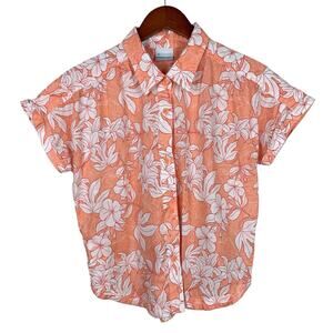 Columbia Camp Henry IV Shirt Short Sleeve Tropical Flower Coral Cotton Women's M